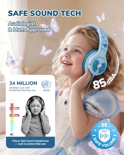 iClever C371 아동용 헤드폰 코드 포함, 남학생 여아 여행 선물 | SafeSound Tech3.0, 스테레오 사운드, 3.5mm 잭, 접이식, 내구성 있는 헤드밴드, 아동용 안전 유선 헤드폰, 파우더 블루 - color: 블루 파우더
