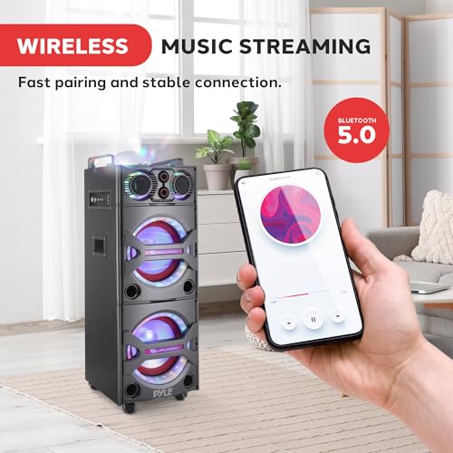 Portable Bluetooth PA Speaker System - 2000W Active Powered Outdoor Bluetooth Speaker Portable PA System w/Microphone in, Party Lights, USB SD Card Reader, AUX/RCA/FM Radio, Wheels - Pyle PSUFM1043BT - color: Charcoal