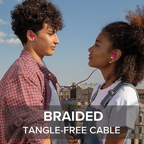 COBY Noise Isolating Metal Wired Earbuds| Wired Headphones w/Tangle Free Braided Wire |Built-in Microphone for Ear Buds| Noise Canceling Headphones w/ 3.5mm AUX| S/M/L Comfort Ear Gels| Red - color: Red