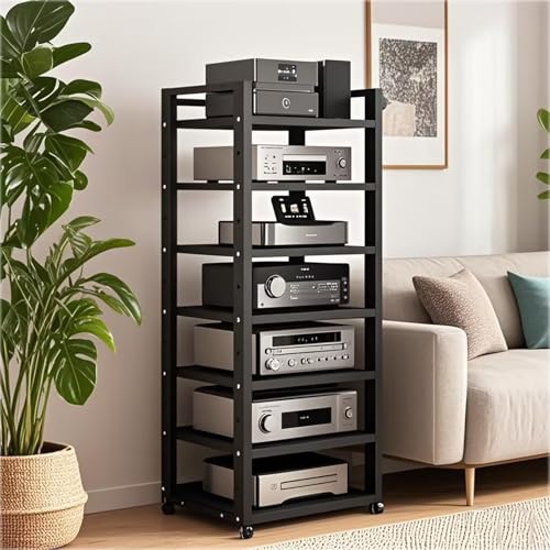 7 Tier Audio Rack Tower, CD Record Player Stereo Receiver AV Equipment Cabinet Display Rack, Weight Capacity 661 lbs, with Adjustable Wooden Shelves for Home (7 Tier Black) - size: 7 Tier Black