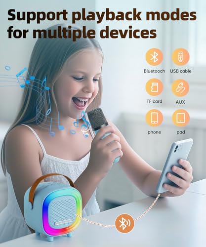 Kids Karaoke Machine Ages 3-12, Mini Wireless Microphones Bluetooth Speaker | LED Party Lights, Voice Changer, Duets, BT 5.3, Rechargeable Portable, Birthday Christmas Toys & Gifts for Boys & Girls - color: Blue - 1 Mic