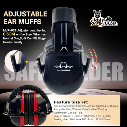 SAFEBUILDER Ear Muffs Noise Reduction SNR 33dB Adjustable Lightweight Safety Earmuffs Sound Proof Noise Cancelling ANSI - color: 1-black Combine Red