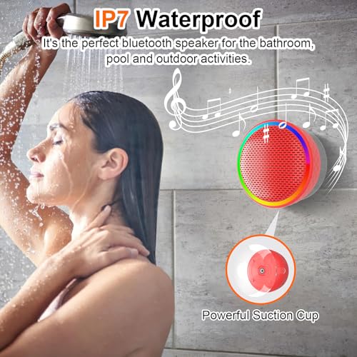 Bluetooth Shower Speaker, Portable Wireless Speaker Suction Cup, Bluetooth Speaker with RGB Lights, 360° HD Sound Sound Support TF Card Shower Radio for Outdoor/Travel/Gifts/Gym (Red)