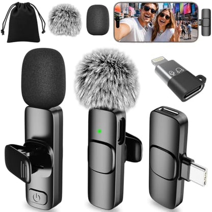 Mini Microphone for iPhone Android - Wireless Lavalier Microphone USB-C Lightning, Noise Cancelling Clip On Mic, 65ft Range, 12H Battery for Video Recording TikTok YouTube Content Creators - size: 2TX1RX without ChargingCase
