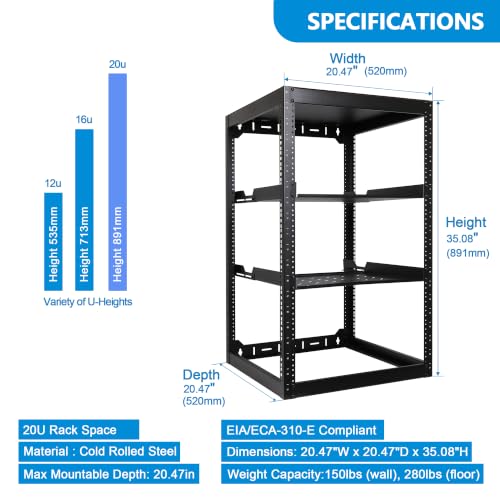 RackPath 20U Open Frame Network Rack with 2X 14in Vented 1U Shelves Rear Support, Wall Mount/Floor Standing Network Cabinet, Heavy Duty 150 lbs Capacity for IT & AV Gear, Audio and Video Device - size: 20U
