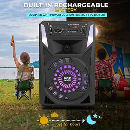 Pyle Portable Bluetooth PA Speaker - 300 W 8” Rechargeable Outdoor BT Karaoke Audio System - Multi-Color Party Lights, LED Display, FM/AUX/MP3/USB/SD, 6.5mm in - Wired Microphone, Remote Control - style: 300 watts