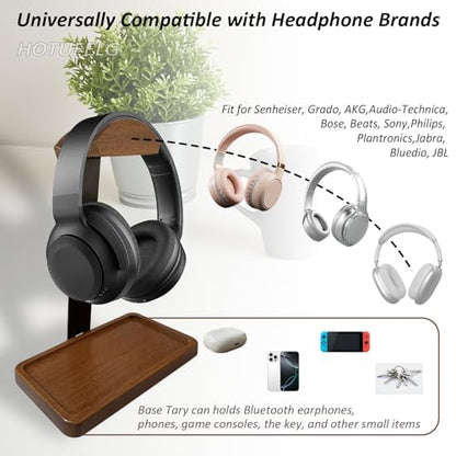 2-in-1 Wood Universal Headphone Stand With Storage Tray And Wood Arc Top