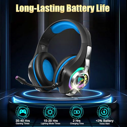 2.4GHz Wireless Gaming Headsets for PS5/PS4/PC/Switch/Xbox, RGB Noise Cancelling Over-Ear Headphones with 7.1 Surround Sound, 40mm Drivers, 276g ultraligero, Memory Foam, 45H Gaming Headphones 2025 - color: Black Blue