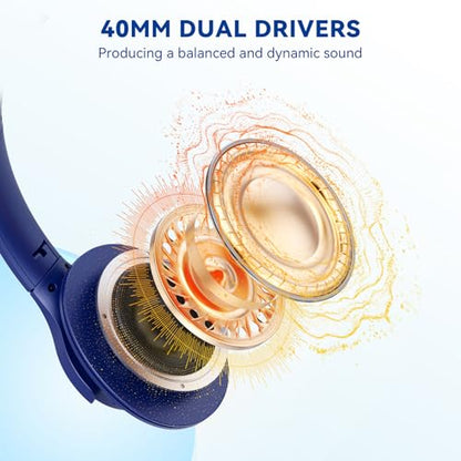 KVIDIO Bluetooth Headphones Over Ear, 65 Hours Playtime Wireless Headphones with Microphone, Foldable Lightweight Headset with Deep Bass, HiFi Stereo Sound Low Latency for Travel Work Cellphone - color: Blue