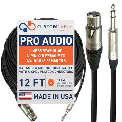 Custom Cable Connection 12 Foot Canare L-4E6S Star Quad 3-Pin XLR Female to 1/4" (6.35mm) TRS Balanced Microphone/Audio Cable - size: 12 Foot, style: XLR Female to 1/4"