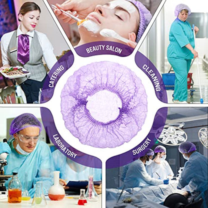 100 Pcs Disposable Nonwoven Bouffant Caps 21 Inch Hair Net Elastic Cap Hair Cover Hats for Beauty Salon Hospital Spa Catering Dust-free Workspace(Purple) - color: Purple