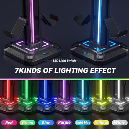 KDD RGB Headset Stand with 9 Light Modes - Controller Holder for Desk - Rotatable Headphone Stand & Detachable Controller Hook for PC Earphone Accessories(Black) - color: Black
