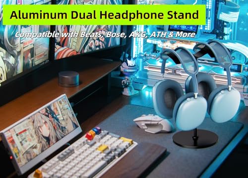 NQQNQQ【1PACK Aluminum Dual Headphone Stand for Over-Ear Gaming Headsets – Heavy Base Holder Compatible with Beats, Bose, ATH, AKG. DJ-O (Silver) - color: Silver