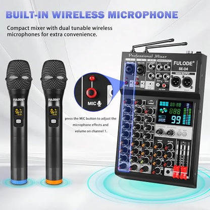 Audio Mixer, 4 Channel Sound Mixing Board With Dual Wireless Microphone & 99DSP, Professional DJ Console W/ MP3 Bluetooth 48V Phantom Power PAD USB Interface for Recording Home Karaoke Live Streaming