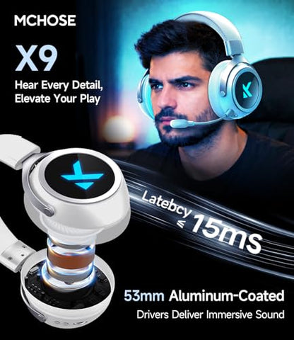 MCHOSE X9 Low Latency Wireless Gaming Headset, 2.4GHz USB + Bluetooth, 200H Battery, 7.1 Surround Sound, Noise Cancelling Mic, RGB, for Multi-Platform - color: White