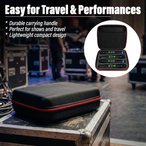 Wireless Microphone Case for 4 Mic System, Shockproof Hard Carrying Container Bag with 4 Slots, Portable Storage Organizer for Handheld Mics, Receivers, Adapters, Batteries, for Gigging and Travel.