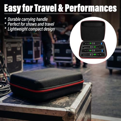 Wireless Microphone Case for 4 Mic System, Shockproof Hard Carrying Container Bag with 4 Slots, Portable Storage Organizer for Handheld Mics, Receivers, Adapters, Batteries, for Gigging and Travel.