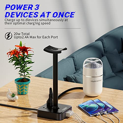 Headphone Stand with USB Charger Desktop Gaming Headset Holder Hanger with 3 USB Charging Station 2 Outlets Power Strip-Suitable for Gamer Desktop Table Earphone Accessories,Gifts for Boyfriend