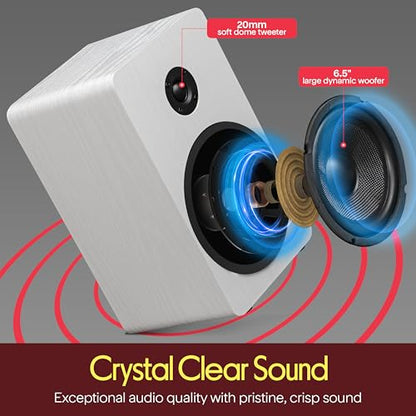 Pyle 6.5” Bookshelf Speakers - Pair of Wired Bookshelf Speakers with Wall Mount Brackets, 2-Way HiFi Home Theater with Fiberglass Cone, Soft Dome Tweeter, Compact Design, 11.7” x 7” x 6.5”, White - color: White