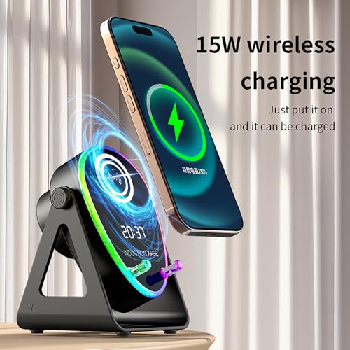 5-in-1 Induction Bluetooth Speaker with RGB Light Phone Stand | ABS mesh speaker delivers 360° surround sound with colorful lights for party and gaming use - color: Black (5 in 1 )