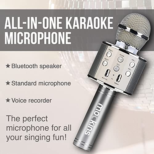 Mockins Silver Bluetooth Karaoke Microphone for Kids with Built in Wireless Speaker| Wireless Microphone Karaoke Compatible with iOS & Android | All-in-One Mic - color: Silver