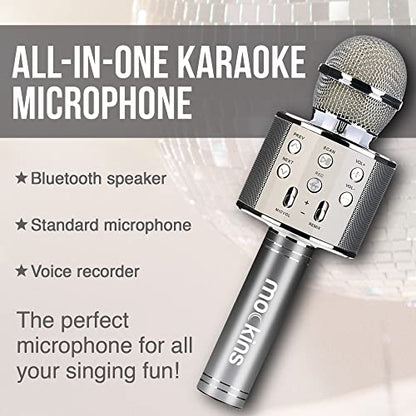 Mockins Silver Bluetooth Karaoke Microphone for Kids with Built in Wireless Speaker| Wireless Microphone Karaoke Compatible with iOS & Android | All-in-One Mic - color: Silver