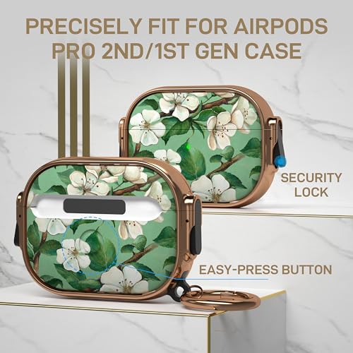 for AirPods Pro 2nd/1st Case with Safety Lock, Magsafe Compatible, Gardenia | Double Secure Lock,Drop Protection,Two-Piece Design,with Gold Keychain, Anti Lost, Dustproof, Cute AirPods Pro 2nd/1st Case - color: Green + White, size: AirPods Pro2/Pro1 Case