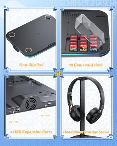 FASTSNAIL Charging Dock & Orgainzer Station & Fan for Nintendo Switch 2/1 | Charger Stand for Joycon 2/1, Storage for 4 Joypads, Pro Controller, 12 Card Slots, Headset Holder & NS2 Dock, 9 RGB Modes
