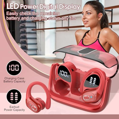 Wireless Earbuds 75H Bluetooth 5.4 Sport Headphones with Earhooks, Red | IPX7 Waterproof In-ear Buds Feature ENC Noise Cancelling Mic & Deep Bass. Stereo Sound Device for Gym Running Workout - color: Red