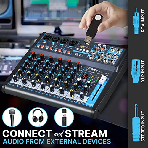 Pyle 8 Channel Bluetooth Studio Mixer - USB Computer Recording, Built-In MP3 Player, 48V Phantom Power, 16-Bit DSP FX, 3-Band EQ, XLR Combo Inputs, DJ Sound Board - PMXU83BT.5 - size: 8