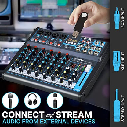 Pyle 8 Channel Bluetooth Studio Mixer - USB Computer Recording, Built-In MP3 Player, 48V Phantom Power, 16-Bit DSP FX, 3-Band EQ, XLR Combo Inputs, DJ Sound Board - PMXU83BT.5 - size: 8
