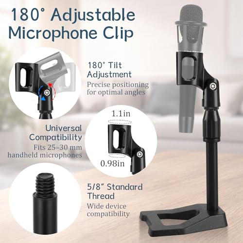 Hicarer 4 Pcs Desktop Mic Stand Height and Angels Adjustable for Diameter Max 1.18" Tabletop Mic Stand Microphone Desk Stands Metal U Shape Weighted Base for Podiums, Meeting Rooms(Black)