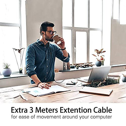 SIMOLIO Anti-Dropping Wired TV Earphone with Volume Control, Extra Long Cord Headphone with Mic for TV, PC, RCA & 3.5mm Cable Included, 14.9ft Extension Cable Earphone, Extra Soft Ear Tips, SM-901TV
