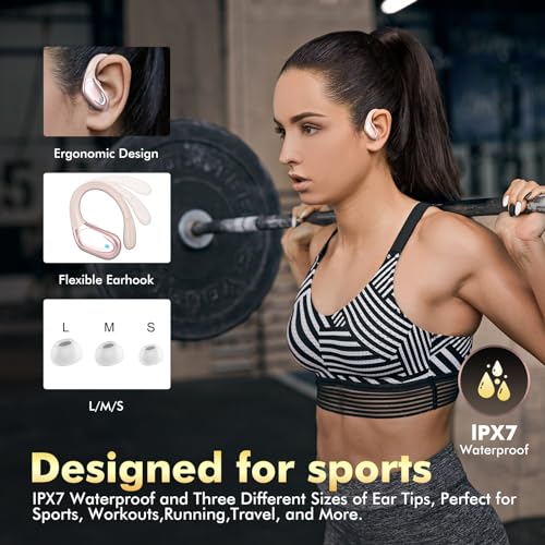 HAOYUYAN Sports Bluetooth Headphones, 80Hrs Playtime Wireless Earbuds with LED Power Display, IPX7 Waterproof Earphones for Workout/Running, Noise Canceling Headset Ear Buds - color: Pink Gold