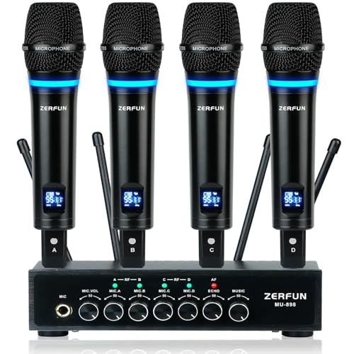 Rechargeable Wireless Microphone System 4 Channel Pro, UHF Metal Handheld Wireless Mics Cordless for Church Karaoke Singing with Bluetooth Echo Volume Control, 4x50 Frequency(MU-898)