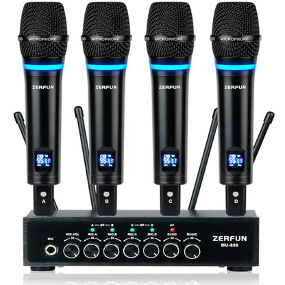 Rechargeable Wireless Microphone System 4 Channel Pro, UHF Metal Handheld Wireless Mics Cordless for Church Karaoke Singing with Bluetooth Echo Volume Control, 4x50 Frequency(MU-898)