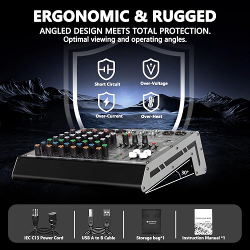 6 Channel DJ Audio Mixer, Professional Sound Board Console | DJ Mixer for Recording & Streaming, USB Drive, Media Playback, PC Audio Interface, EQ Control, 48V Phantom Power