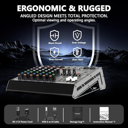 6 Channel DJ Audio Mixer, Professional Sound Board Console | DJ Mixer for Recording & Streaming, USB Drive, Media Playback, PC Audio Interface, EQ Control, 48V Phantom Power