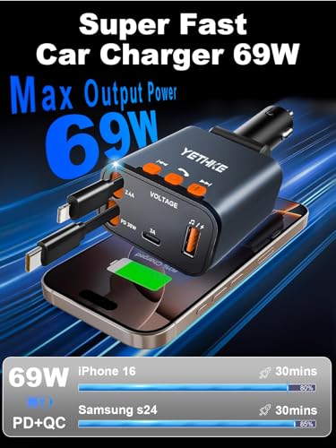 Bluetooth Car Adapter with Retractable Charger,[Upgrade] Bluetooth 5.4 FM Transmitter for Cars, 4 in 1 Fast Car Charger 69W, Handsfree Call, 2*Retractable Cable for iPhone 17/16/15/14, Galaxy-Gray - color: Gray