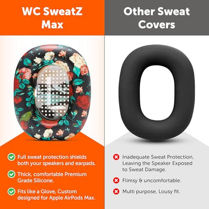 WC SweatZ Max - Patented Silicone Sweat Covers for AirPods Max 1 | Made by Wicked Cushions | (Does Not Fit AirPods Max 2). Sweatproof, Full Earpad Protection | Black Floral - color: Black Floral