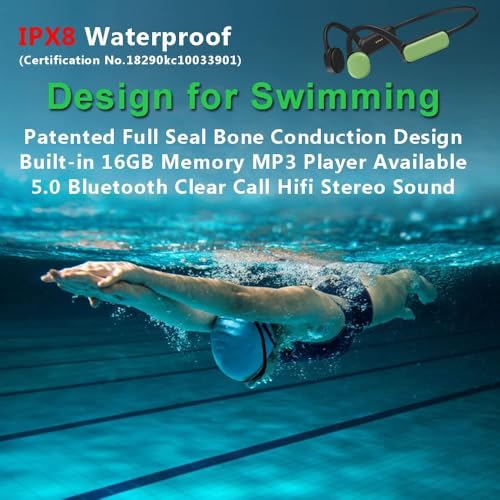 IHAO Swimming Headphones True Bone Conduction Open Ear Headset MP3 Player Built-in 16G Memory IP68 Underwater Waterproof Stereo Bluetooth Earphone for Driving Bicycling Running Skiing-Green - color: Green IHX18
