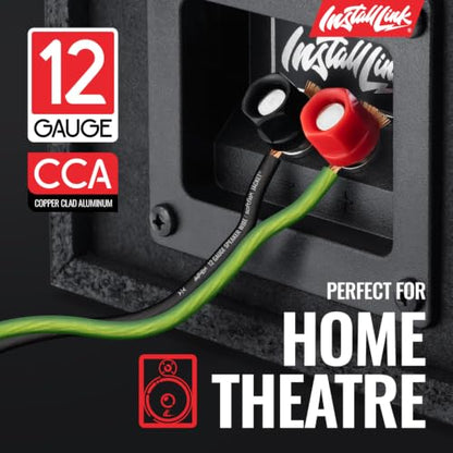 Install Link 12 AWG Gauge Speaker Wire (100 Feet) Car or Home Theater (CCA) | 12/2 Speaker Cable, 2-Conductor, Frosted Green/Black, Easy Strip, Polarity ID, for Car Audio & Home Stereo - color: Frosted Green/Black