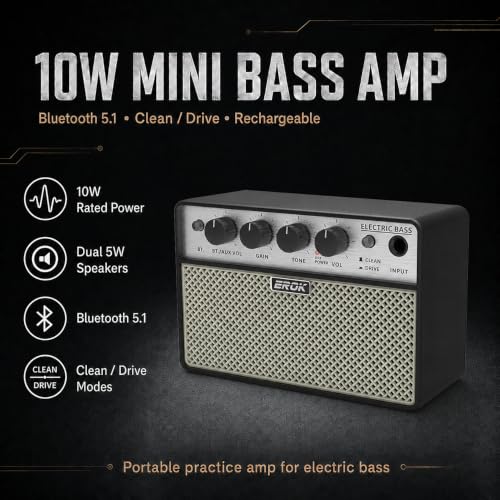EROK BA-10B Mini Bass Amp, 10W Electric Bass Amplifier with Bluetooth 5.1 | Rechargeable 3000mAh Battery, Clean/Drive Modes, Headphone Output, AUX Input, Compact Practice Design