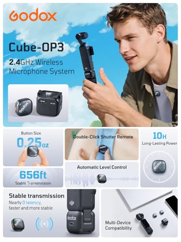 GODOX Cube-OP3 2.4GHz Wireless Lavalier Microphone System - 200M Low-Latency Transmission, 48kHz/24bit Hi-Res Audio, 10H Battery, Compatible with DJI OSMO Pocket 3, Smartphones & Laptops, Plug & Play