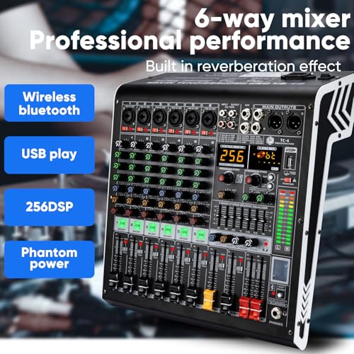W IN-MIX 6 Channel Audio Mixer with Bluetooth, USB MP3 Player, 48V Phantom Power for Studio Recording, Live Performance, Karaoke, Podcast