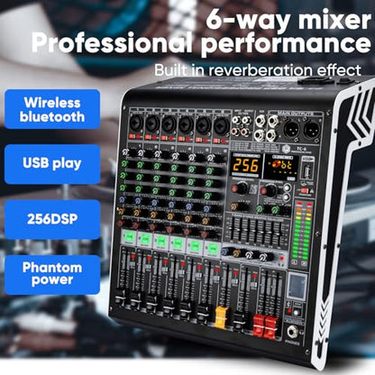 W IN-MIX 6 Channel Audio Mixer with Bluetooth, USB MP3 Player, 48V Phantom Power for Studio Recording, Live Performance, Karaoke, Podcast