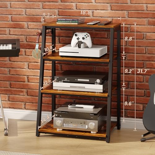 4-Tier AV Media Stand with 2 Hooks,Heavy Duty Stereo Cabinet Furniture-Large Stereo Rack and Game Console Stand,Wooden Record Player Stand,Audio Stand Perfect for DVD Players/Game Console/TV Box/Xbox - style: Regular
