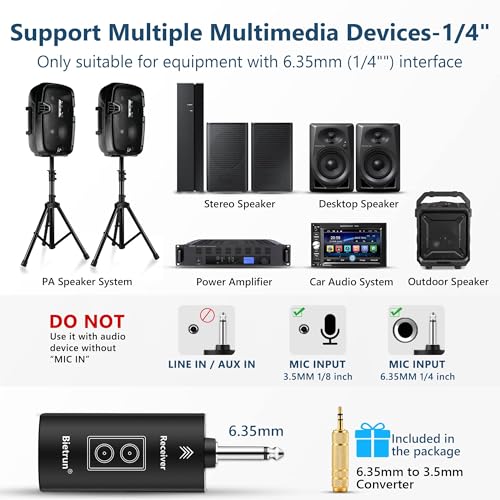 Wireless Microphone with Echo/Treble/Bass, 1/4'' Plug Rechargeable Receiver