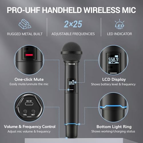 TONOR Rechargeable Wireless Microphones, Metal Bluetooth Handheld Cordless Mic System with Receiver, 2x25 UHF Professional Dynamic Mic for Karaoke, Church, Singing, Wedding, Meeting, DJ, 328ft TW720 - style: Plug-in Receiver