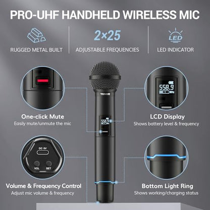 TONOR Rechargeable Wireless Microphones, Metal Bluetooth Handheld Cordless Mic System with Receiver, 2x25 UHF Professional Dynamic Mic for Karaoke, Church, Singing, Wedding, Meeting, DJ, 328ft TW720 - style: Plug-in Receiver